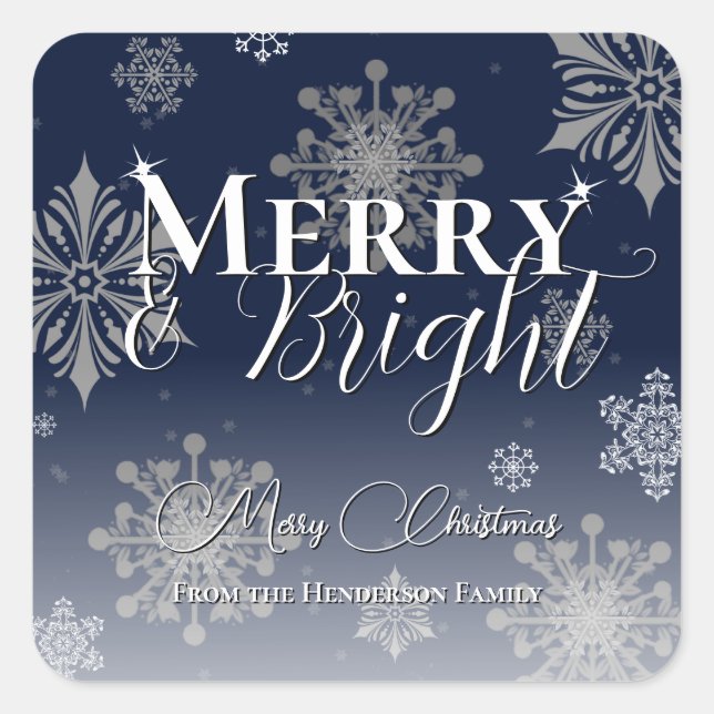 Blue Merry and Bright Snowflakes Christmas Square Sticker (Front)