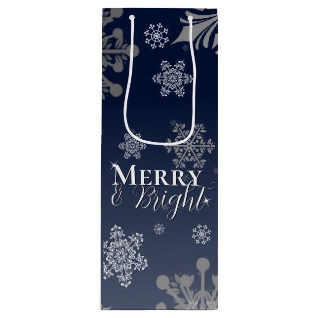 Blue Merry and Bright Snowflakes Christmas Wine Gift Bag (Front)