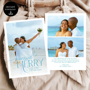 Blue Merry and Married Photo Newlyweds Christmas Holiday Card