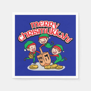 Blue Merry Chrismukkah with Elves and Dreidels Napkin