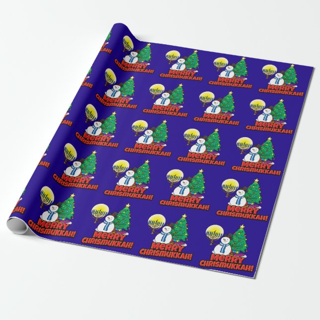 Blue Merry Chrismukkah with Snowman & Menorah Wrapping Paper (Unrolled)