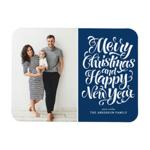 Blue Merry Christmas and Happy New Year Photo Magnet