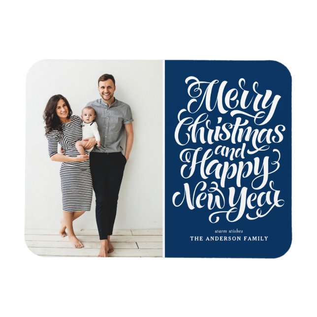 Blue Merry Christmas and Happy New Year Photo Magnet (Horizontal)
