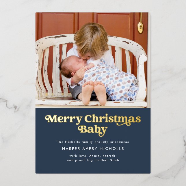 Blue Merry Christmas Baby Foil Birth Announcement (Front)