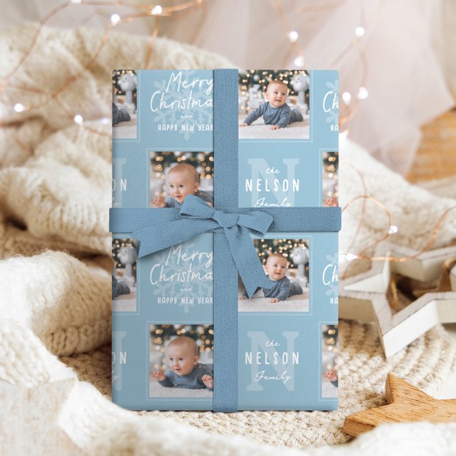 Blue Merry Christmas Calligraphy Family 2 photo Wrapping Paper (Blue Merry Christmas Calligraphy Family 2 photo Wrapping Paper)