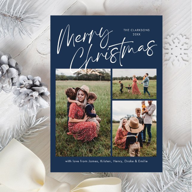 Blue Merry Christmas Calligraphy Script 3 Photo Holiday Card (Creator Uploaded)