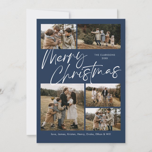 Blue Merry Christmas Calligraphy Script 5 Photo Holiday Card (Front)