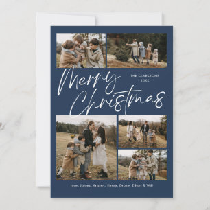 Blue Merry Christmas Calligraphy Script 5 Photo Holiday Card