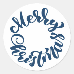 Blue Merry Christmas Calligraphy Wreath Classic Round Sticker