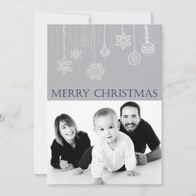Blue Merry Christmas Family Photo Holiday Card (Front)