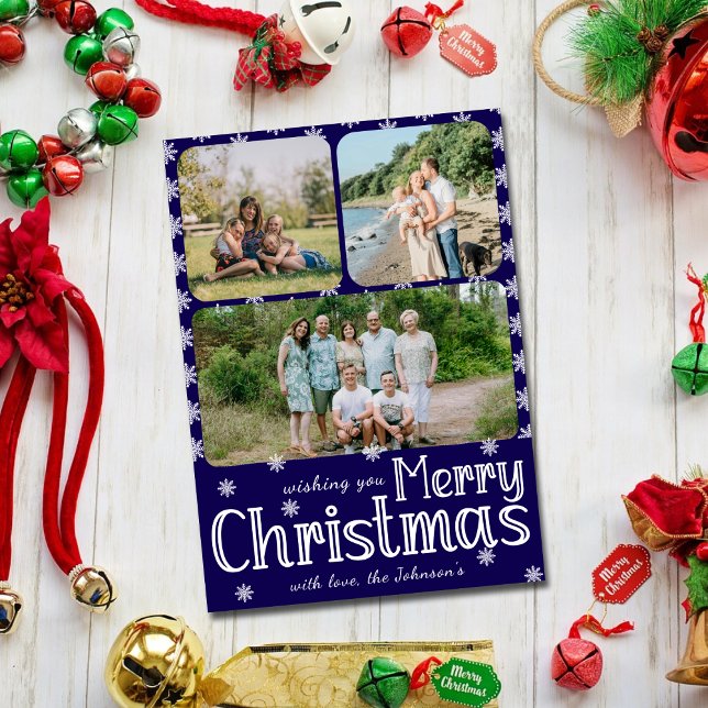 Blue Merry Christmas Family Photos & Snowflake Holiday Card (Creator Uploaded)