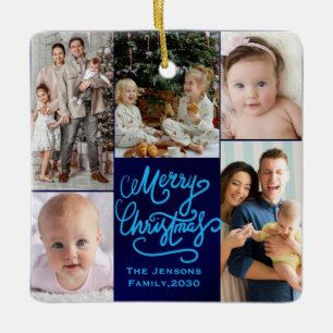 Blue Merry Christmas Five Cute family Photos Ceramic Ornament