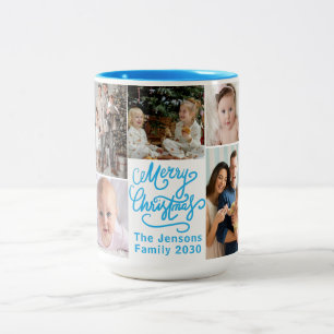 Blue Merry Christmas Five Cute family Photos Two-Tone Coffee Mug