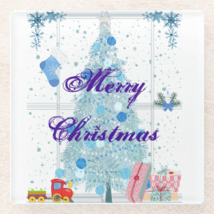 Blue Merry Christmas Glass Coaster
