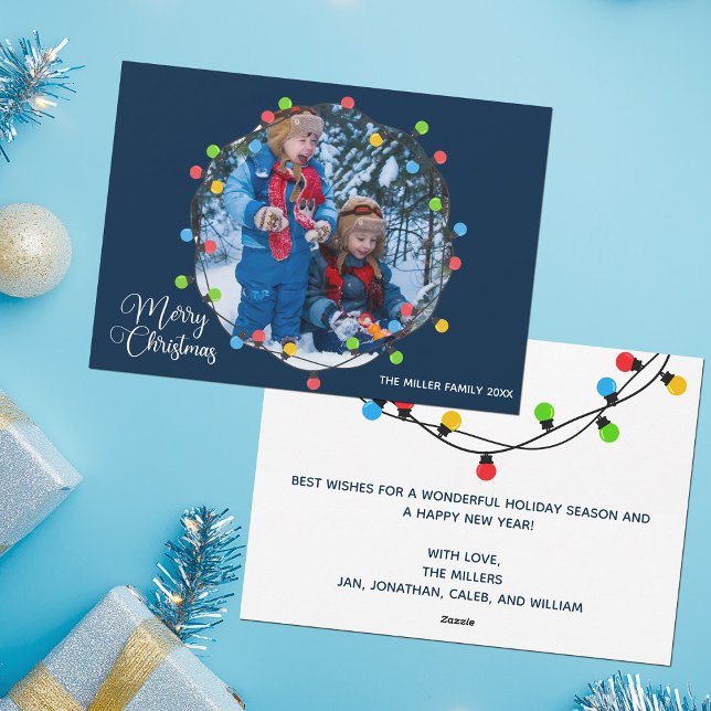 Blue Merry Christmas Lights Kids Photo Cute Holiday Card (Creator Uploaded)