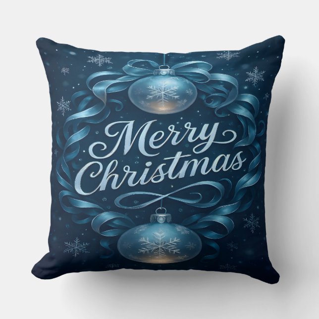 Blue Merry Christmas Ornament Throw Pillow  (Front)