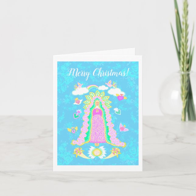 Blue Merry Christmas Our Lady of Guadalupe Note Card (Front)