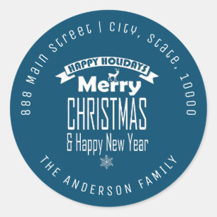 Blue Merry Christmas Round Return Address Label