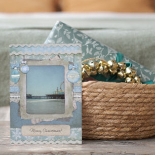 Blue Merry Christmas Santa Monica Pier Holiday Card