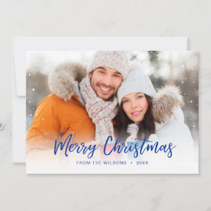 Blue Merry Christmas Script Overlay Holiday Photo Card