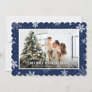 Blue Merry Christmas Snowflake Photo Holiday Card