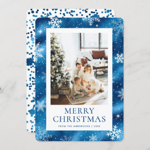 Blue Merry Christmas Snowflake Snow Photo Holiday Card