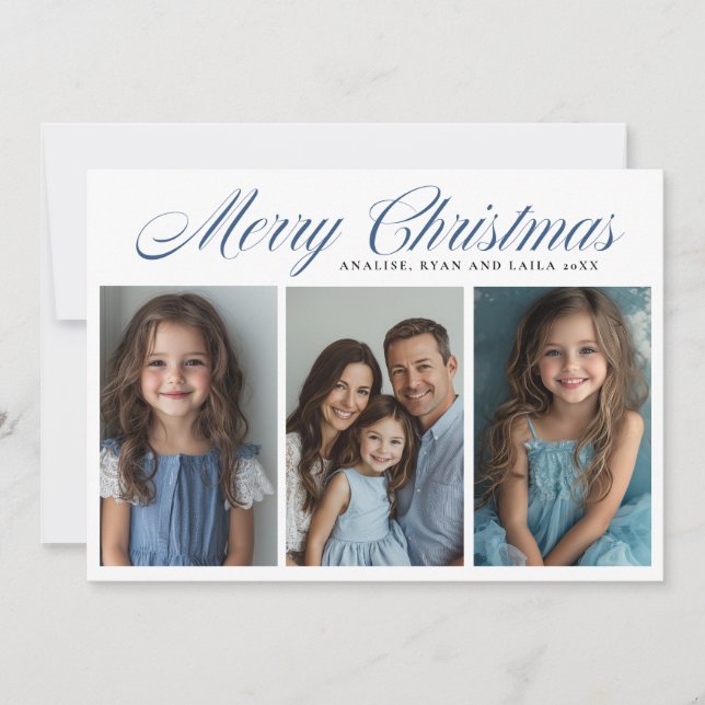 Blue Merry Christmas Three photo design Holiday Card (Front)