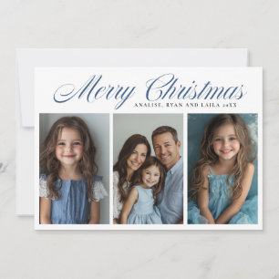 Blue Merry Christmas Three photo design Holiday Card