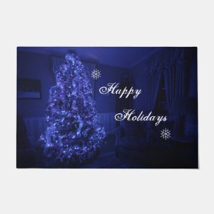 Blue Merry Christmas Tree Lights Doormat