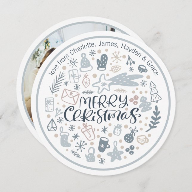 Blue Merry Christmas Typography Personalised Photo Holiday Card (Front/Back)