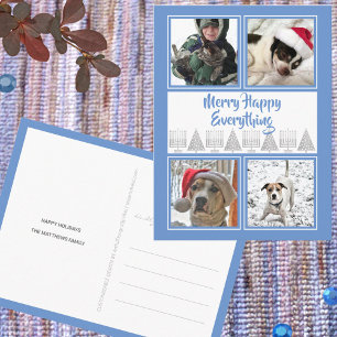 Blue Merry Happy 4 Photo Hanukkah Christmas Postcard