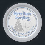 Blue Merry Happy Everything Party Chrismukkah Paper Plate<br><div class="desc">Personalise these fun MERRY HAPPY EVERYTHING paper party plates in blue, faux silver and white for a one of a kind Chrismukkah party. Featuring my faux silver polka dot modern Christmas tree and matching Hanukkah menorah, the design is finished with cornflower blue mixed fonts and complimentary borders around the plate....</div>
