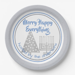 Blue Merry Happy Everything Party Chrismukkah Paper Plate