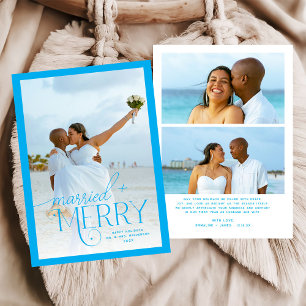 Blue Merry & Married Photo Wedding Christmas Holiday Card