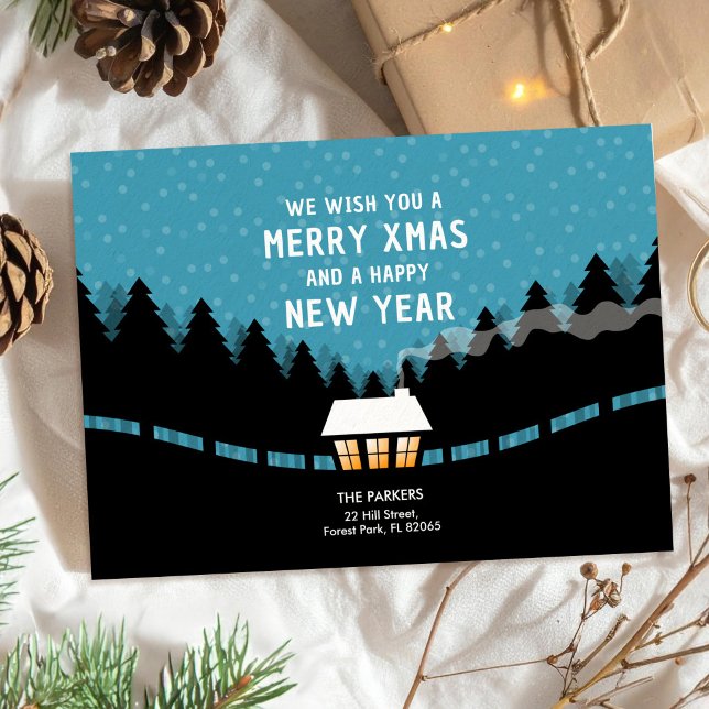 Blue Merry Xmas with retro pine trees Card (Creator Uploaded)