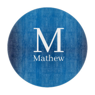 blue metallic abstract shiny monogram name man cutting board