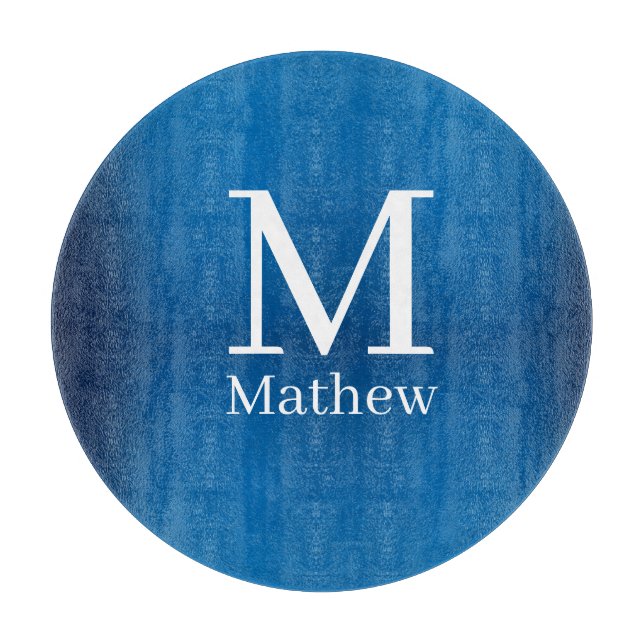 blue metallic abstract shiny monogram name man  cutting board (Front)