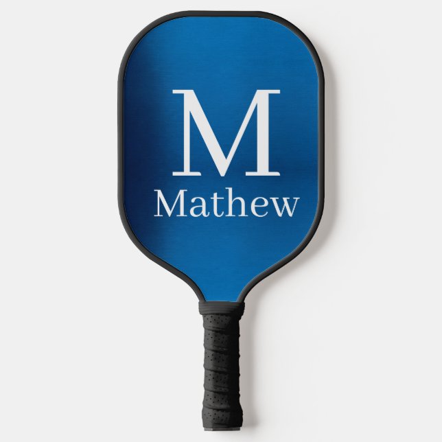 blue metallic abstract shiny monogram name man  pickleball paddle (Front)