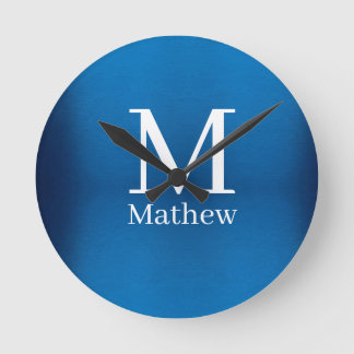 blue metallic abstract shiny monogram name man  round clock