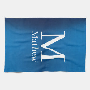 blue metallic abstract shiny monogram name man tea towel