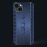 Blue Metallic Brushed Aluminium Geometric Accents iPhone 13 Case<br><div class="desc">Dark blue metallic background,  simple brushed aluminium look with blue geometric stripes pattern accents. Custom and optional monogram. Available on other products</div>