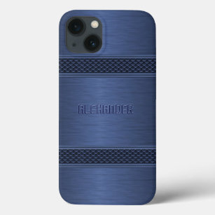 Blue Metallic Brushed Aluminium Geometric Accents iPhone 13 Case