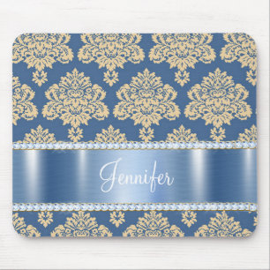 Blue Metallic Damask Rhinestones, Personalised Mouse Pad