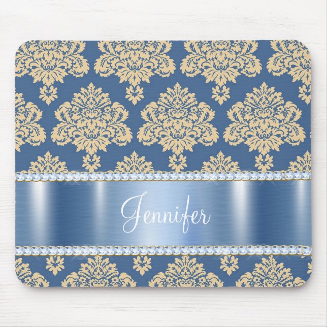 Blue Metallic Damask Rhinestones, Personalised Mouse Pad (Front)