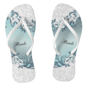 Blue Metallic Floral & Confetti Glitter Wedding Thongs