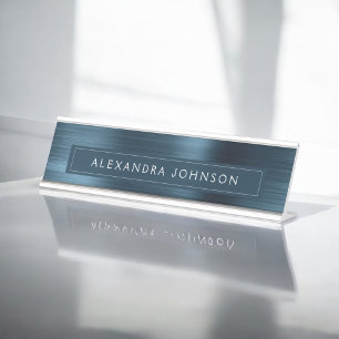 Blue Metallic Foil Modern Elegant Business Desk Name Plate