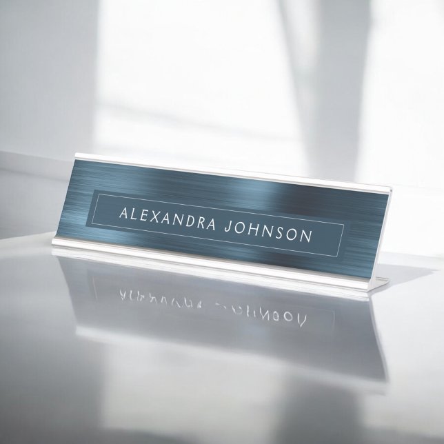Blue Metallic Foil Modern Elegant Business Desk Name Plate (Creator Uploaded)