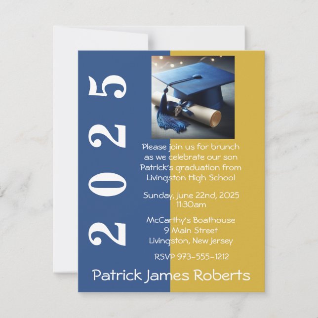 Blue & Metallic Gold Cap Design Graduation Invitation (Front)