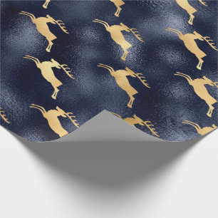 Blue Metallic Gold Reindeer Christmas Holiday Wrapping Paper