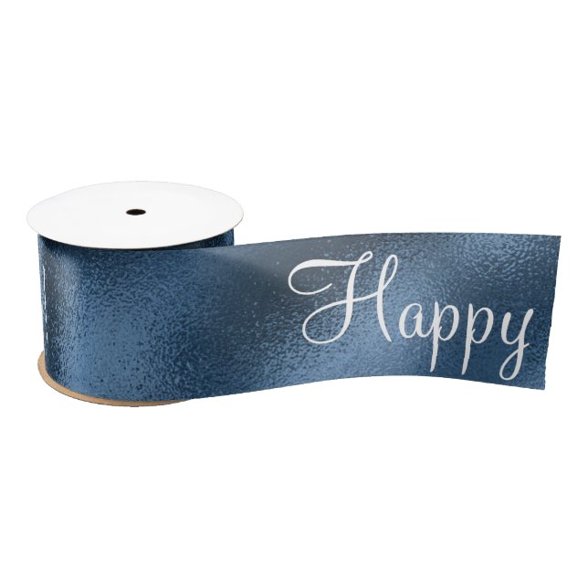 Blue Metallic Happy Birthday Script Modern  Satin  Satin Ribbon (Spool)